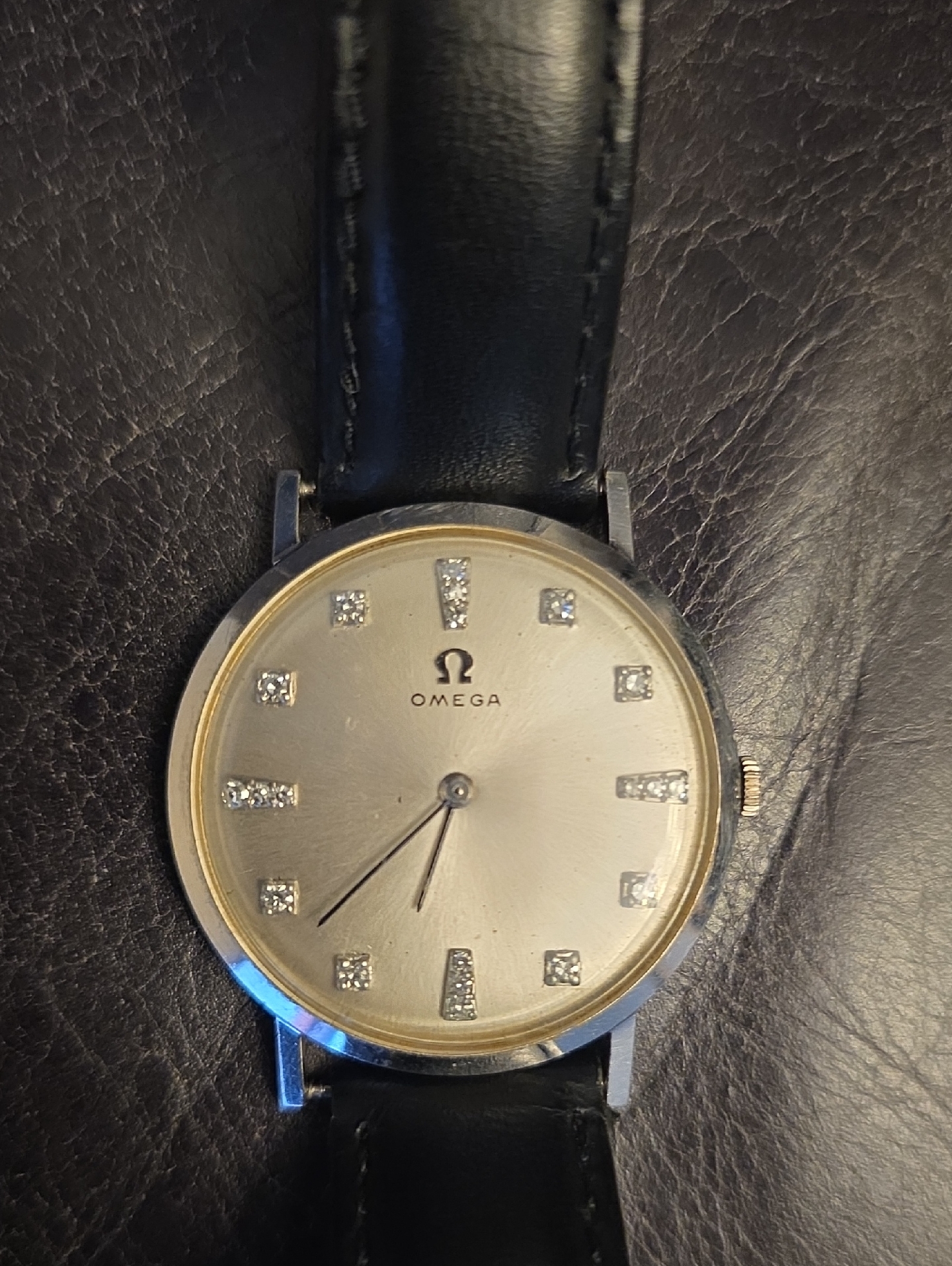 Omega 14k Solid Gold Dial Watch With Black Leather Strap And Diamond Markers